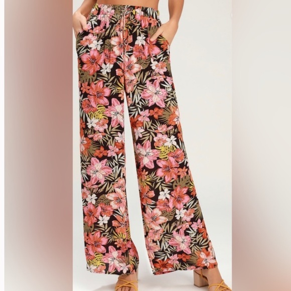 Billabong Womens Wild Heartbeats Elastic Waist Flowy Tropical Floral Beach Pants - Picture 1 of 10